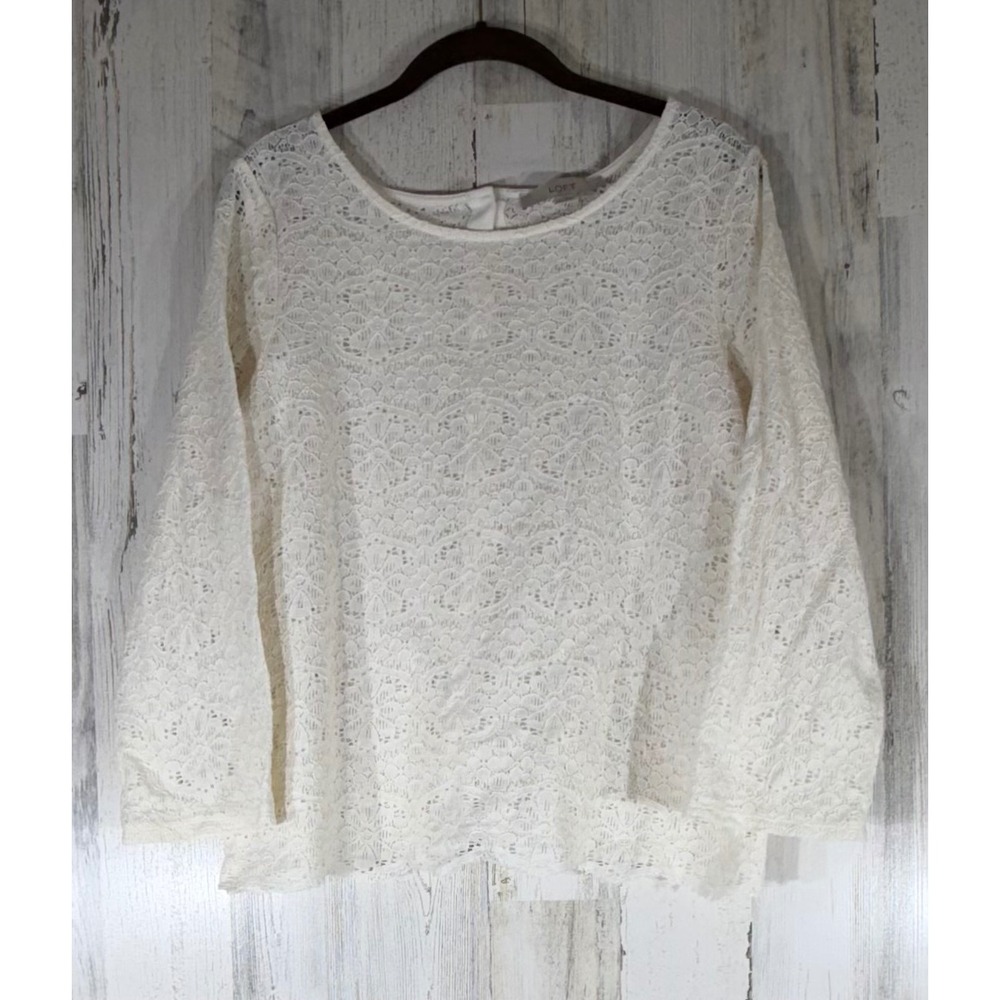 Loft Ivory Floral Lace Button Back Top 3/4 Sleeve Medium Coquette Fairy Feminine
